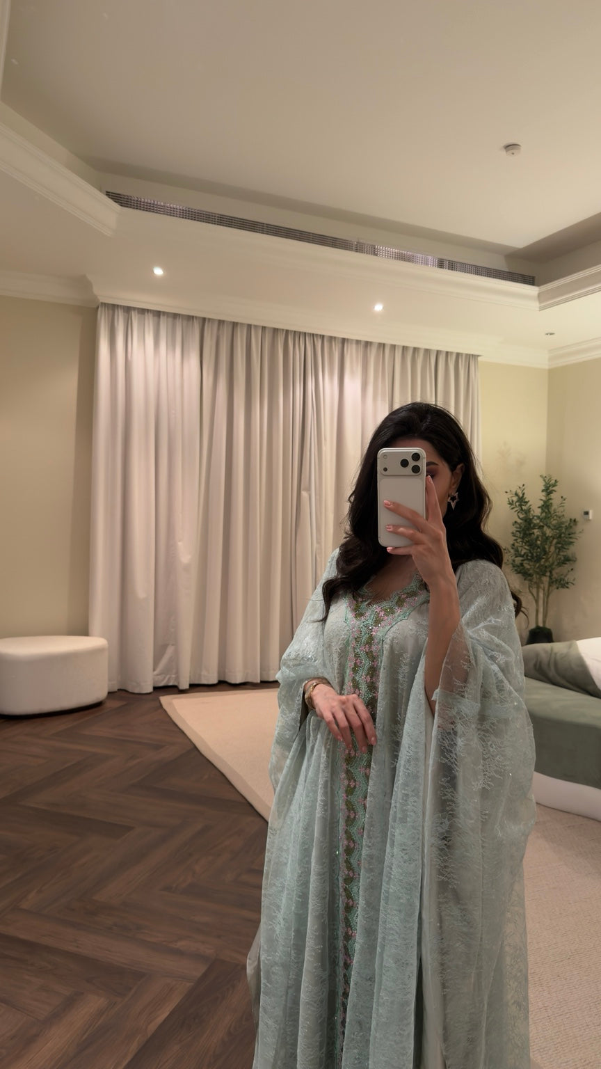 Ethereal Dream mint green kaftan with crystal lace trim