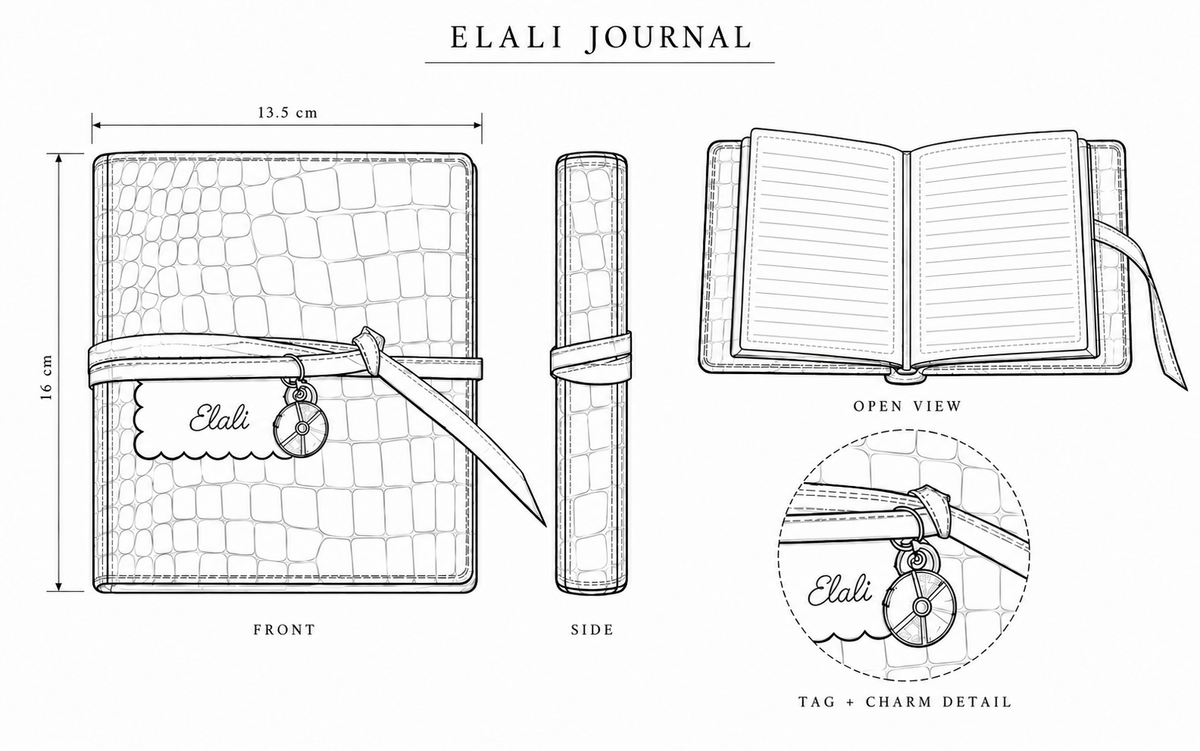Illustrative sketch of The Dreamers Journal showing its black croc embossed cover, approximately 13.5 by 16 cm size, lined insert and keepsake tag; charm shown is optional and sold separately