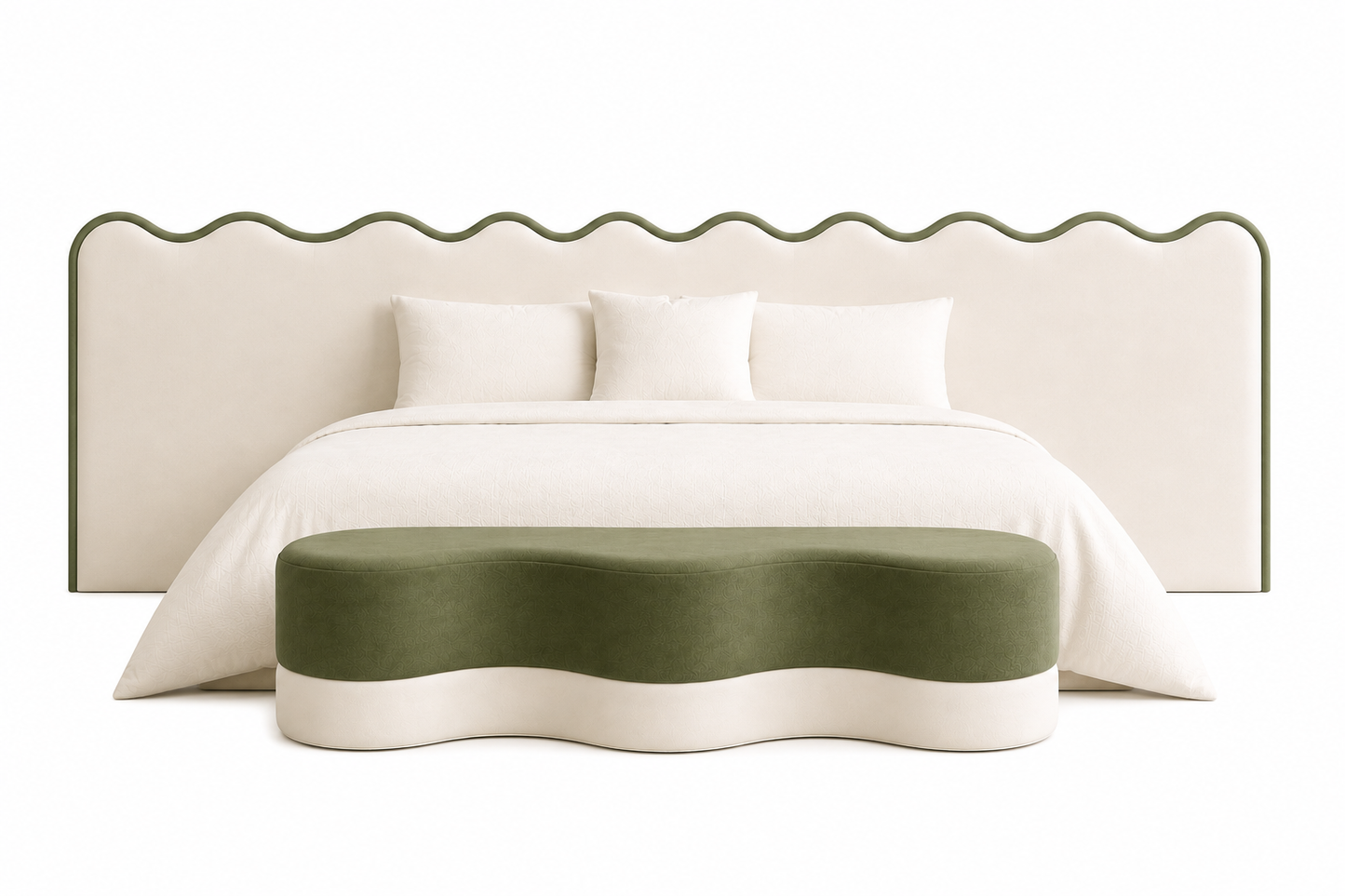 A modern bed with a wavy upholstered headboard in cream and olive green, styled with white bedding and a matching wavy bench at the foot, shown on a clean white background.