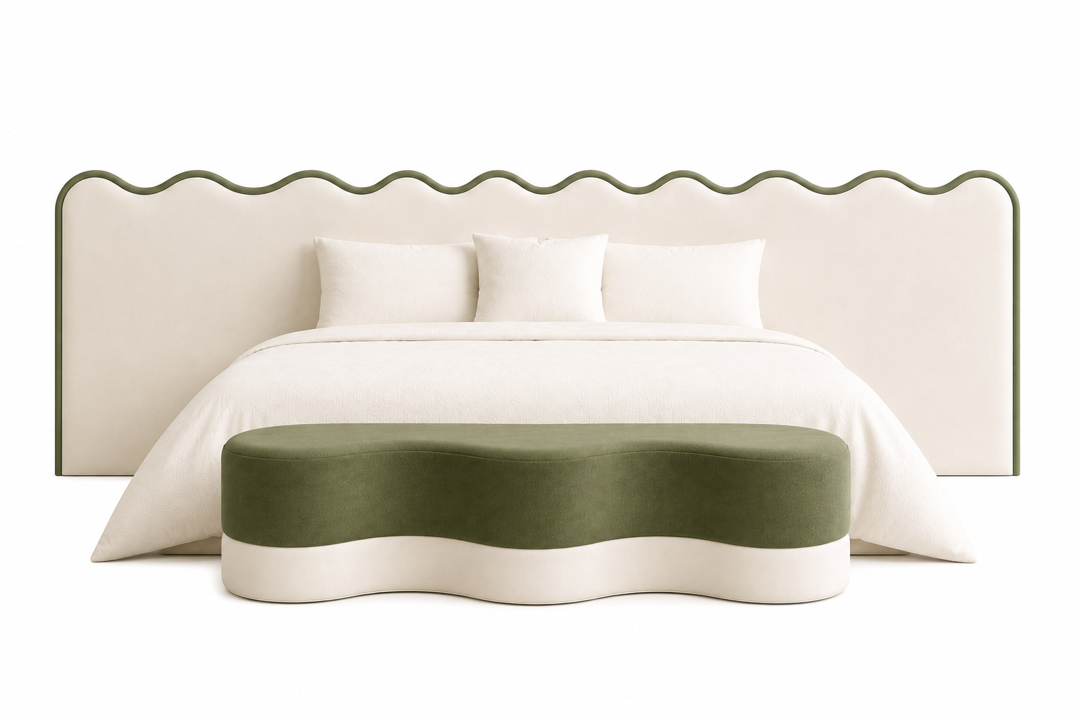 A modern bed with a wavy upholstered headboard in cream and olive green, styled with white bedding and a matching wavy bench at the foot, shown on a clean white background.