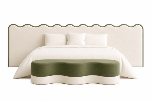 A modern bed with a wavy upholstered headboard in cream and olive green, styled with white bedding and a matching wavy bench at the foot, shown on a clean white background.