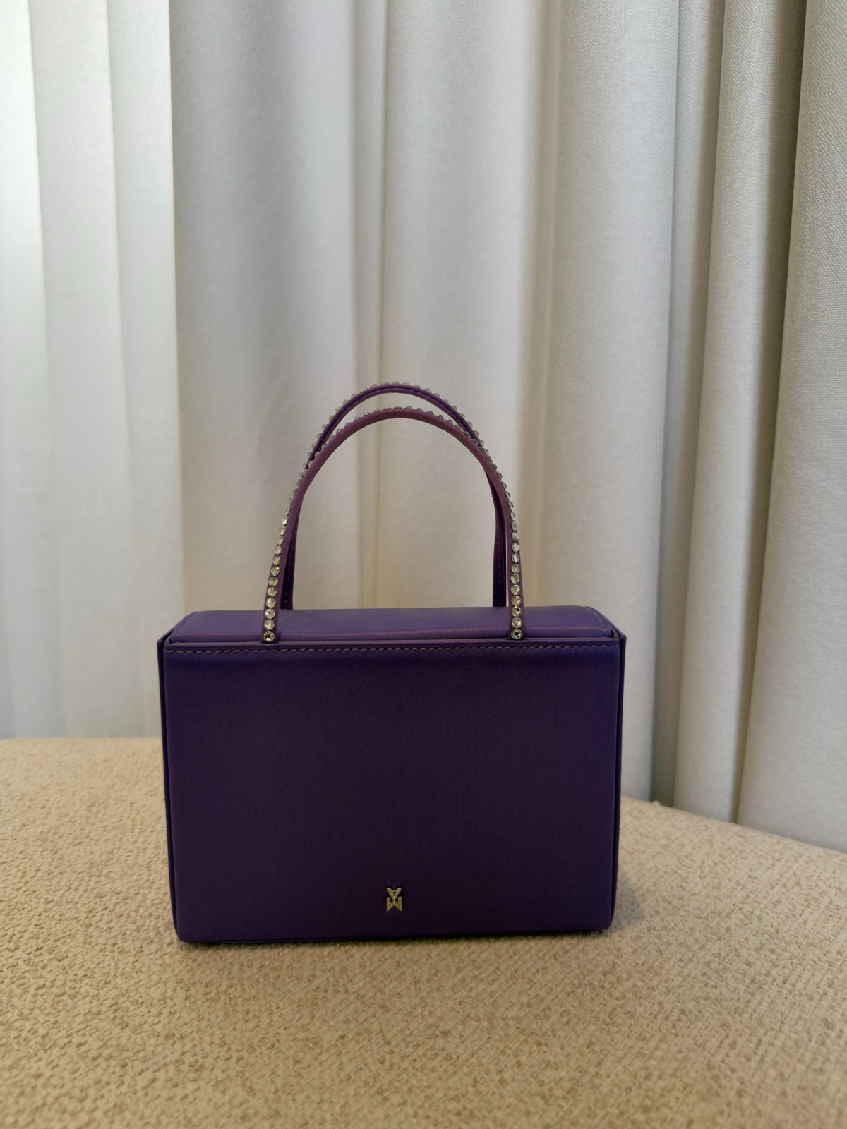 Amina Muaddi Small Amini Gilda purple satin tote front view