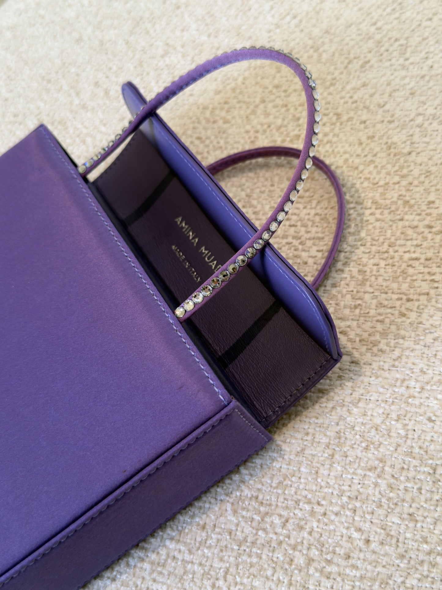Amina Muaddi Small Amini Gilda purple satin tote interior branding and crystal handle detail