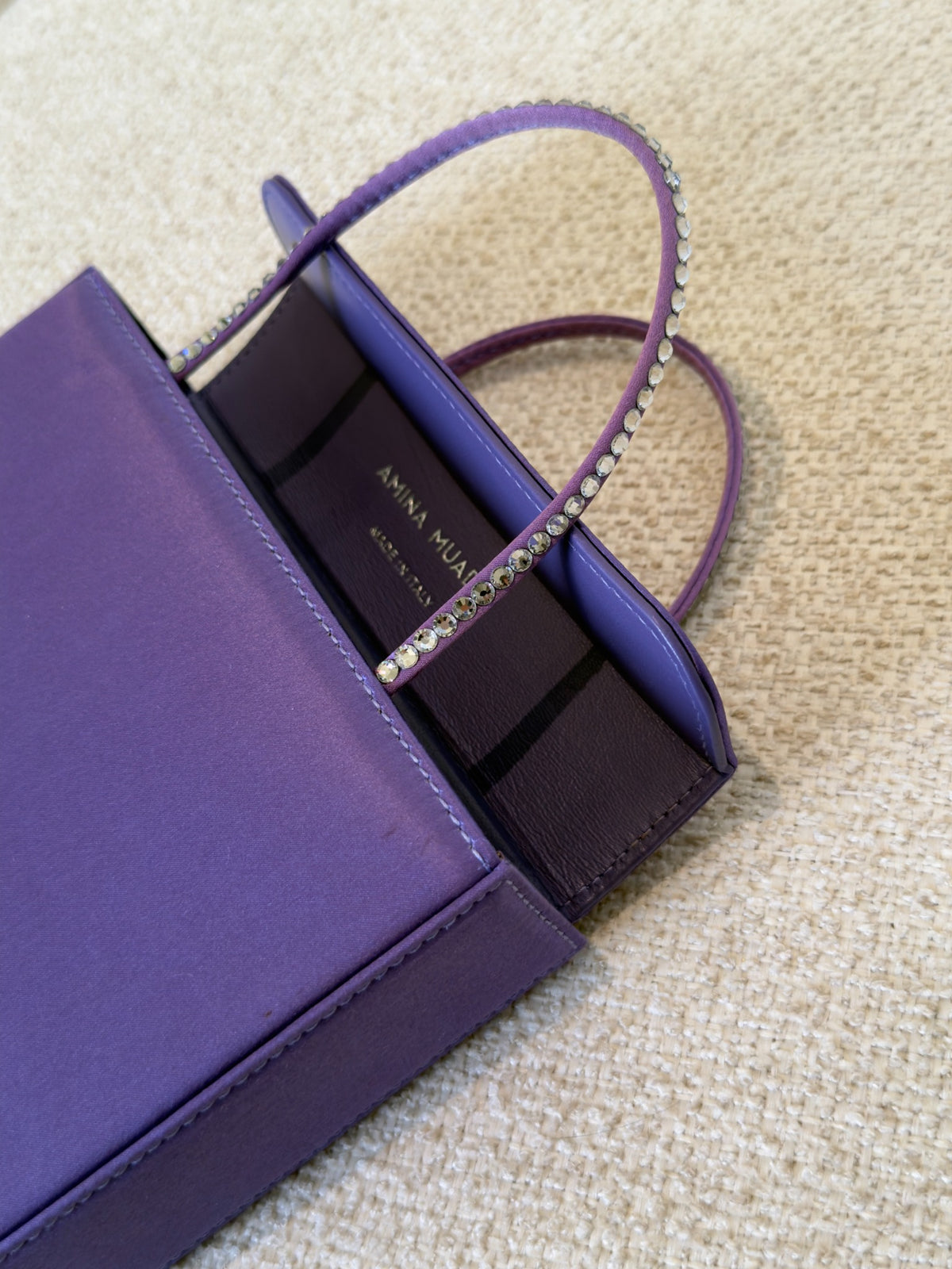Amina Muaddi Small Amini Gilda purple satin tote interior branding and crystal handle detail