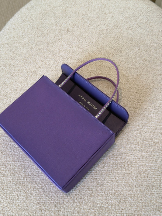 Amina Muaddi Small Amini Gilda purple satin tote open view