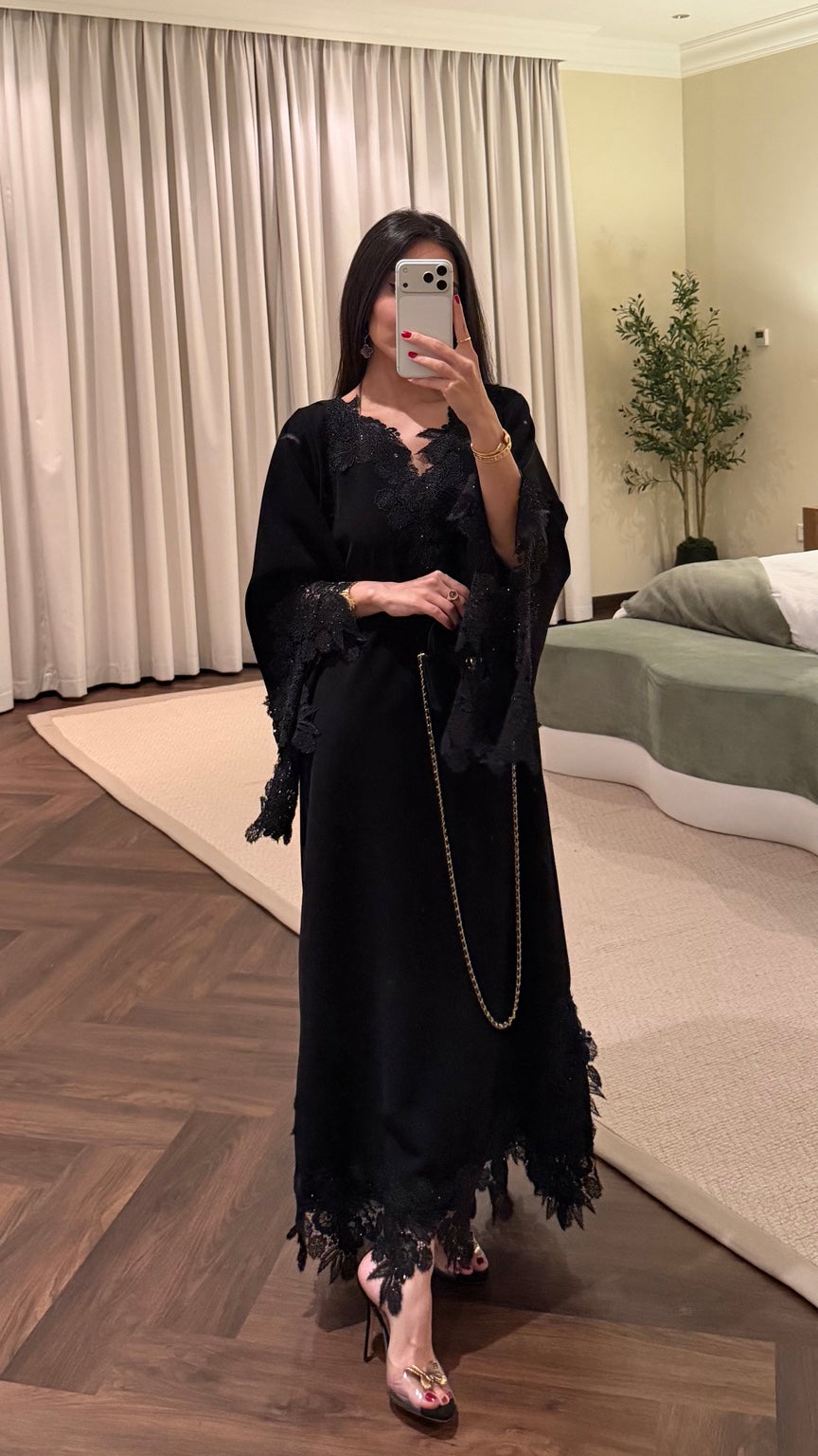 Barbie Blush in black — long dress with lace detailing and side slits