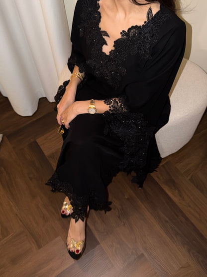 Barbie Blush in black — long dress with lace detailing and side slits