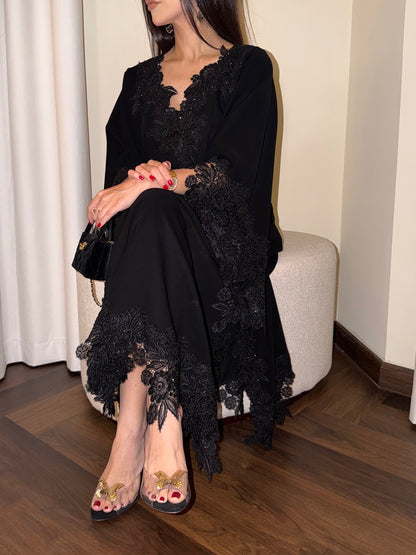 Barbie Blush in black — long dress with lace detailing and side slits
