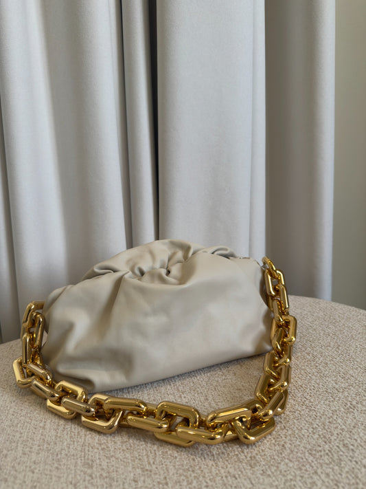 Bottega Veneta The Chain Pouch off-white leather front view with oversized gold chain