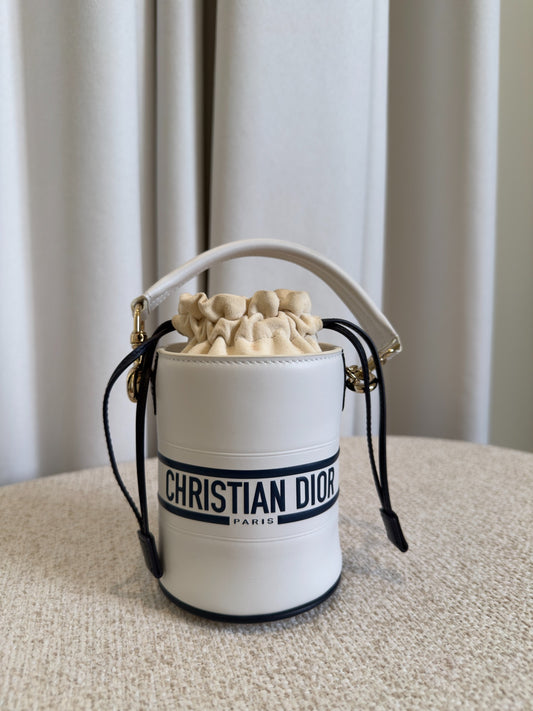 Dior Small Vibe white and navy leather bucket bag front view