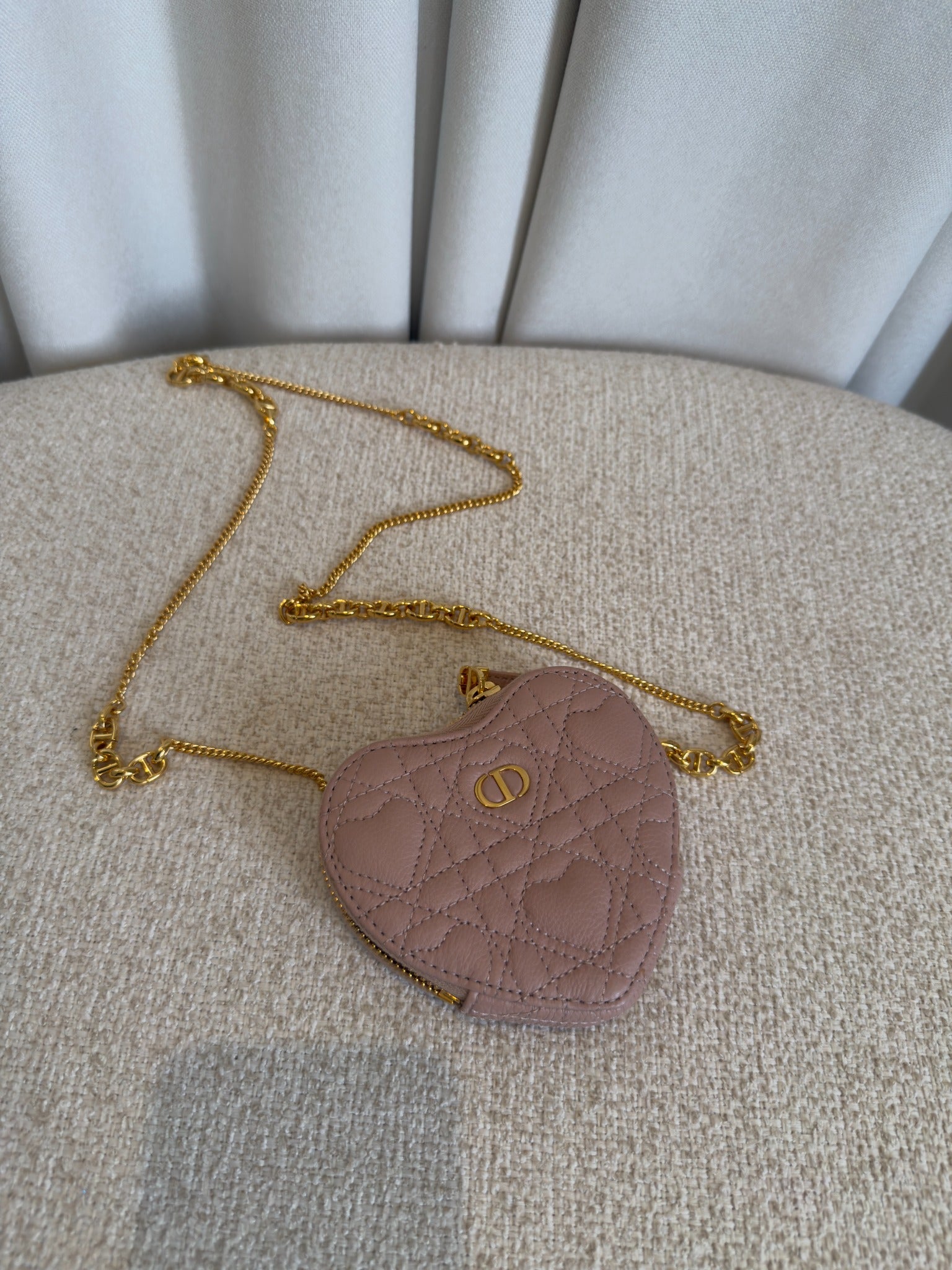 Dioramour Dior Caro pale pink heart pouch with full chain