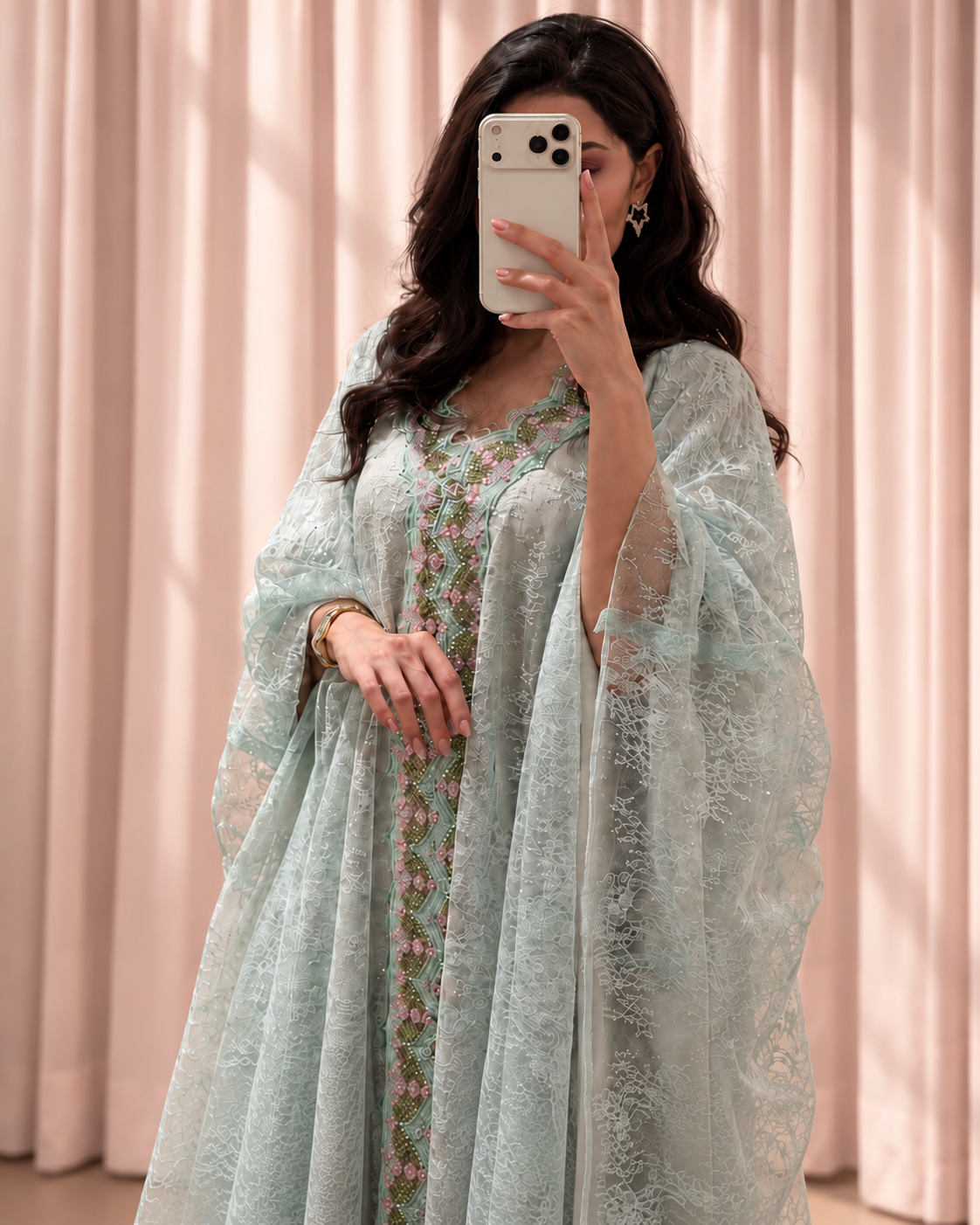 Ethereal Dream mint lace kaftan with pink and green embellished neckline