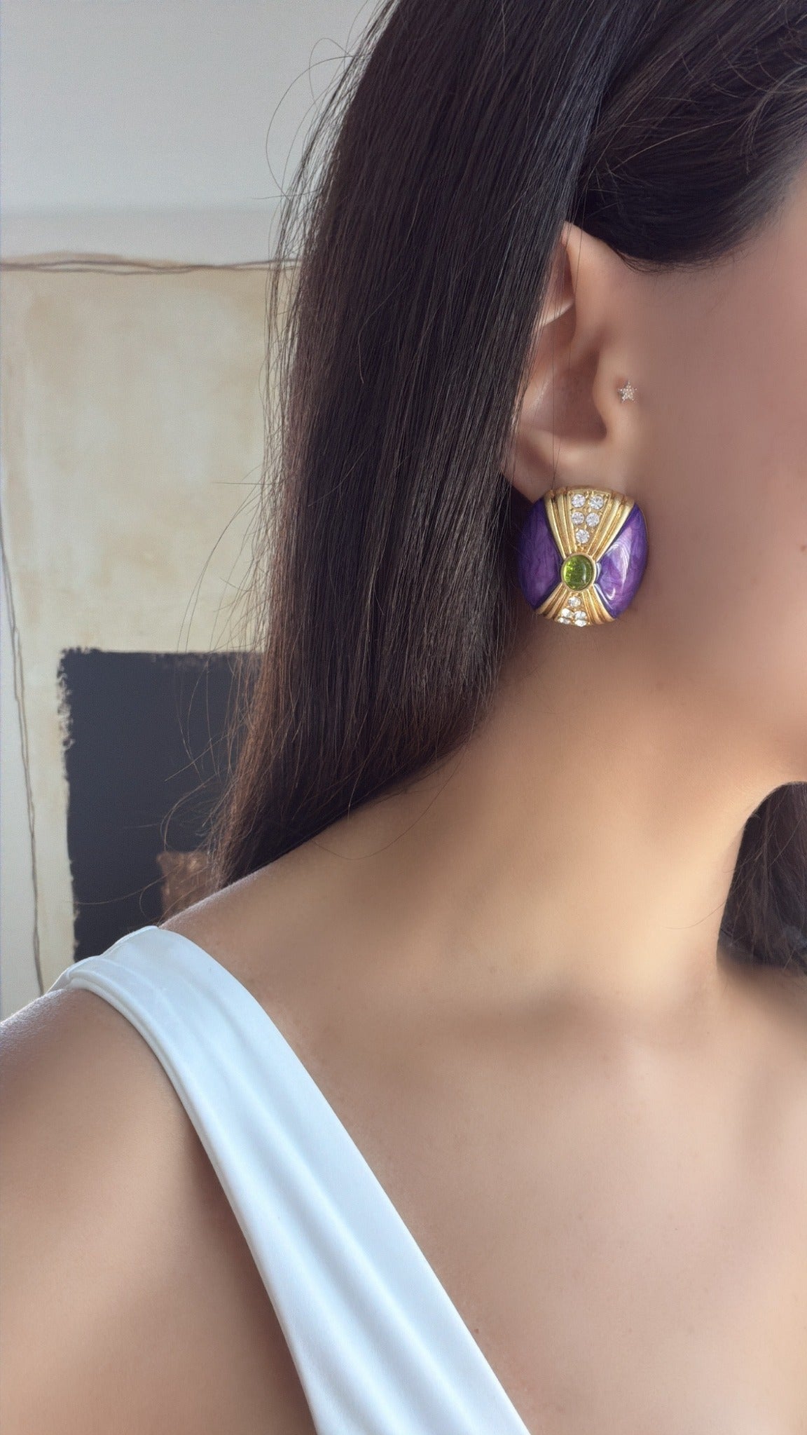 Vintage purple statement earrings worn