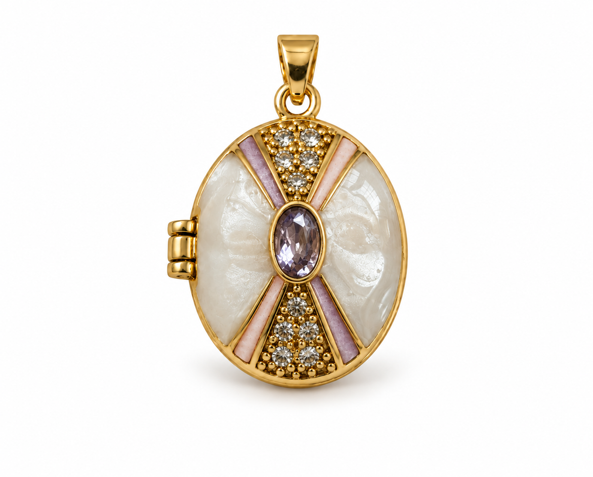 White pearl locket journal charm with soft smoky lavender center stone and pale pink and lilac accents on a white background