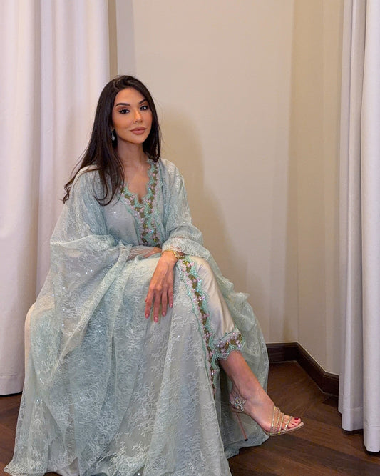Ethereal Dream mint green kaftan seated view with crystal lace detailing