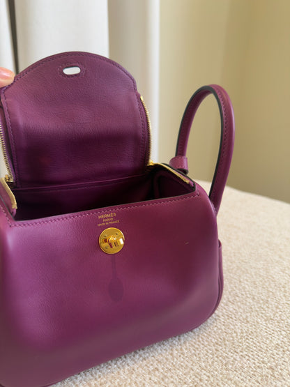 Hermès Mini Lindy 20 Anémone Swift open view and stamp detail