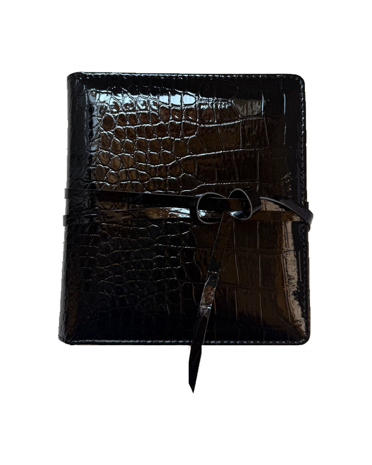 Black croc embossed Elali journal photographed without the pink keepsake tag, on a white background; tag is included with purchase