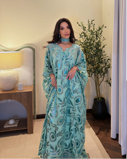 Leyli turquoise embroidered three-piece kaftan set, front view
