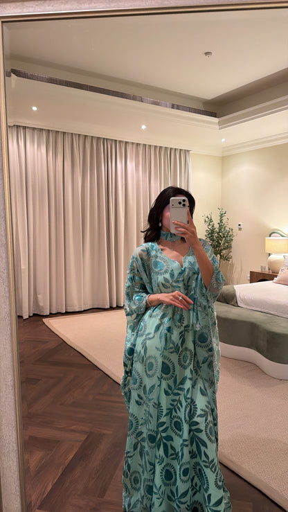 Leyli turquoise embroidered three-piece kaftan set, mirror view