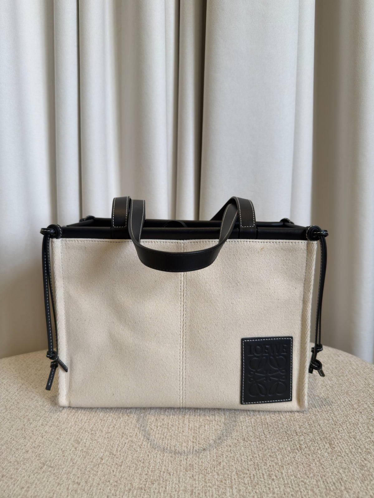 Loewe Small Cushion tote natural canvas and black calfskin front view