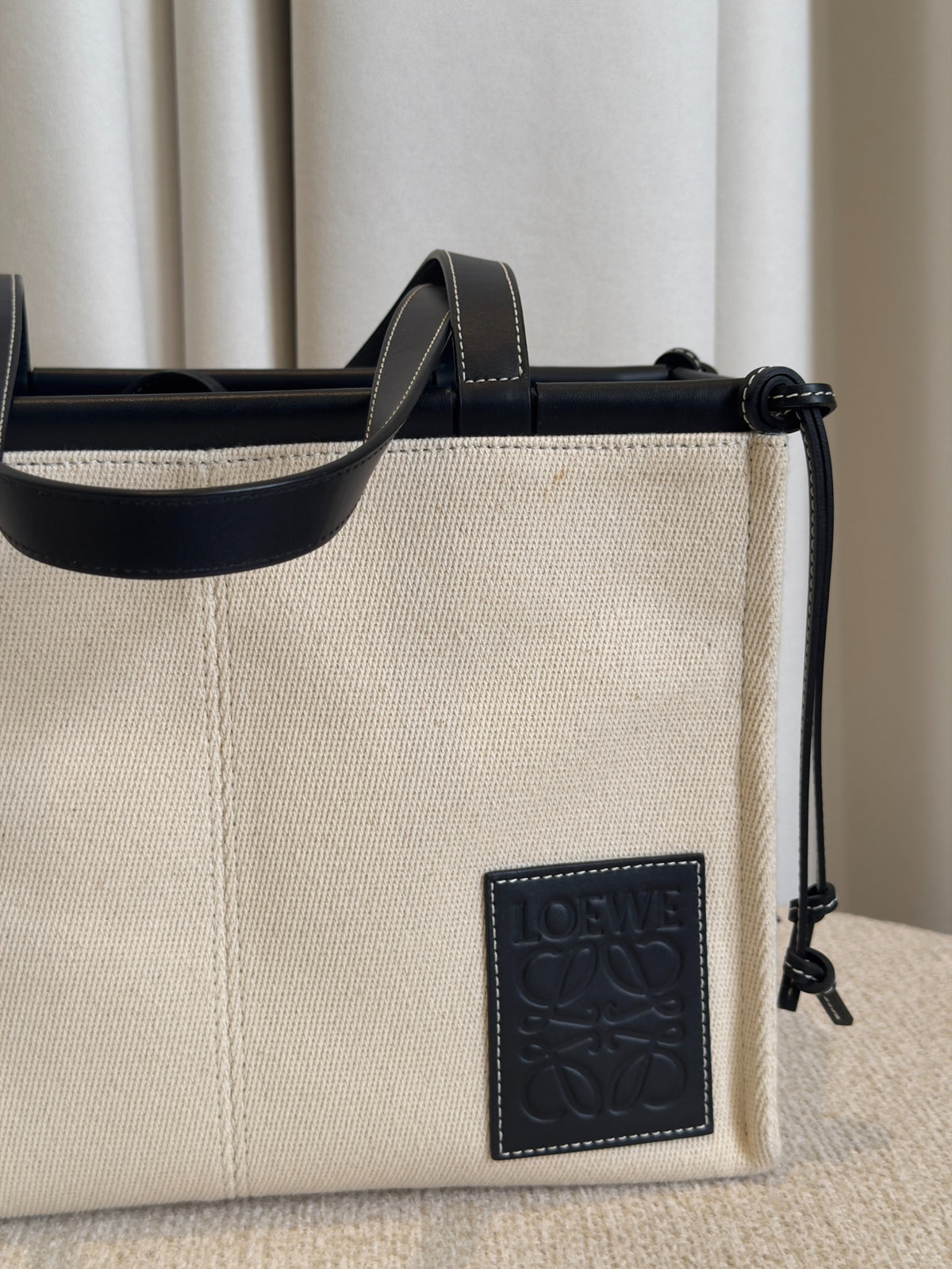 Loewe Small Cushion tote natural canvas front logo detail