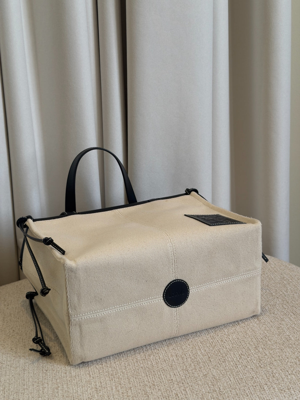Loewe Small Cushion tote natural canvas side and base view