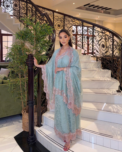 Mermaid Elan mint lace three-piece set with peach trim
