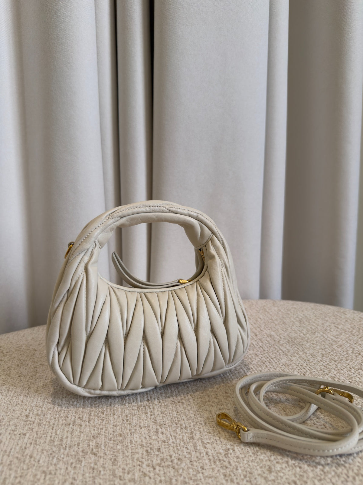 Miu Miu Wander white mini bag back view with detachable strap