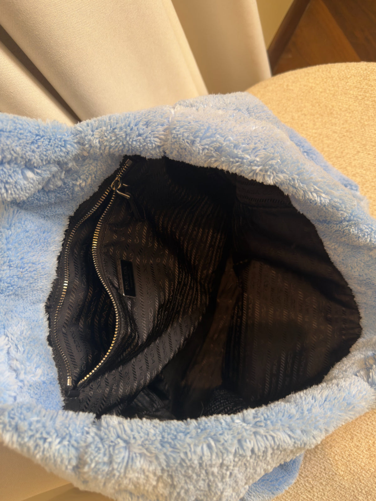 Prada terry cloth tote Celeste blue black interior view