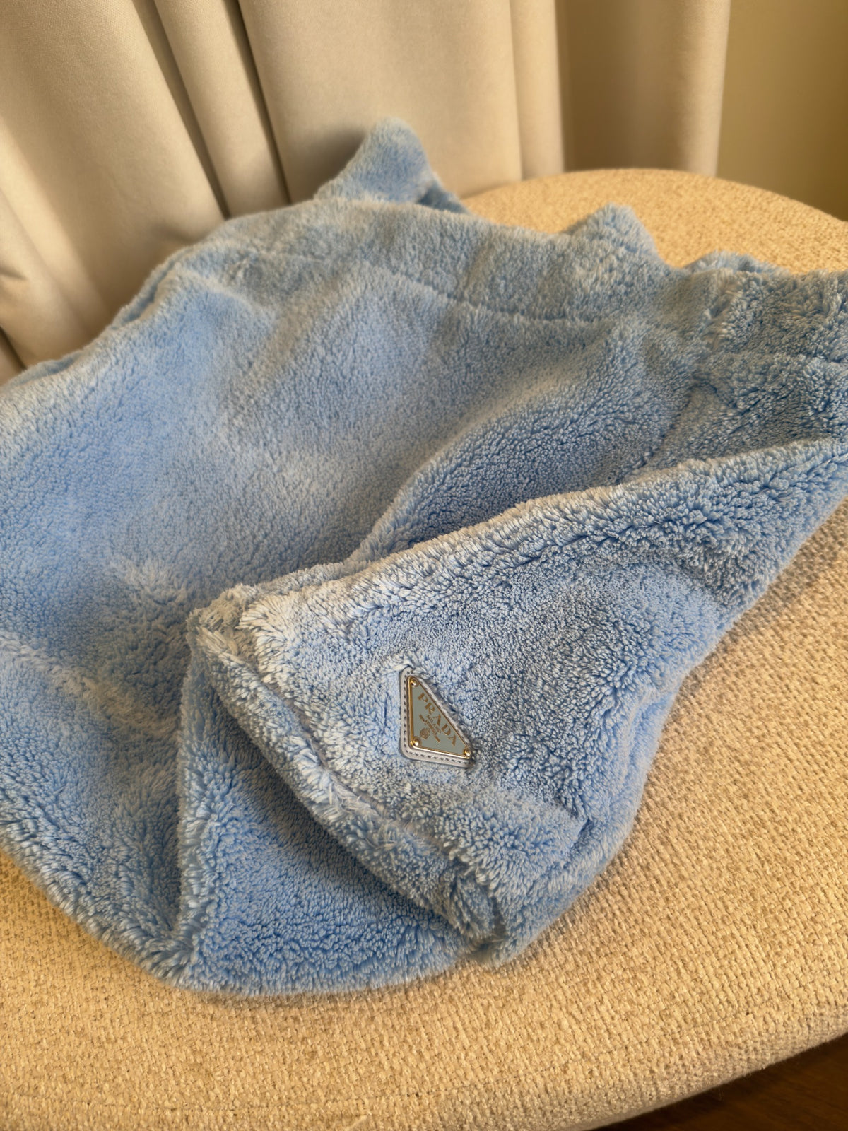 Prada terry cloth tote Celeste blue enamel triangle logo detail