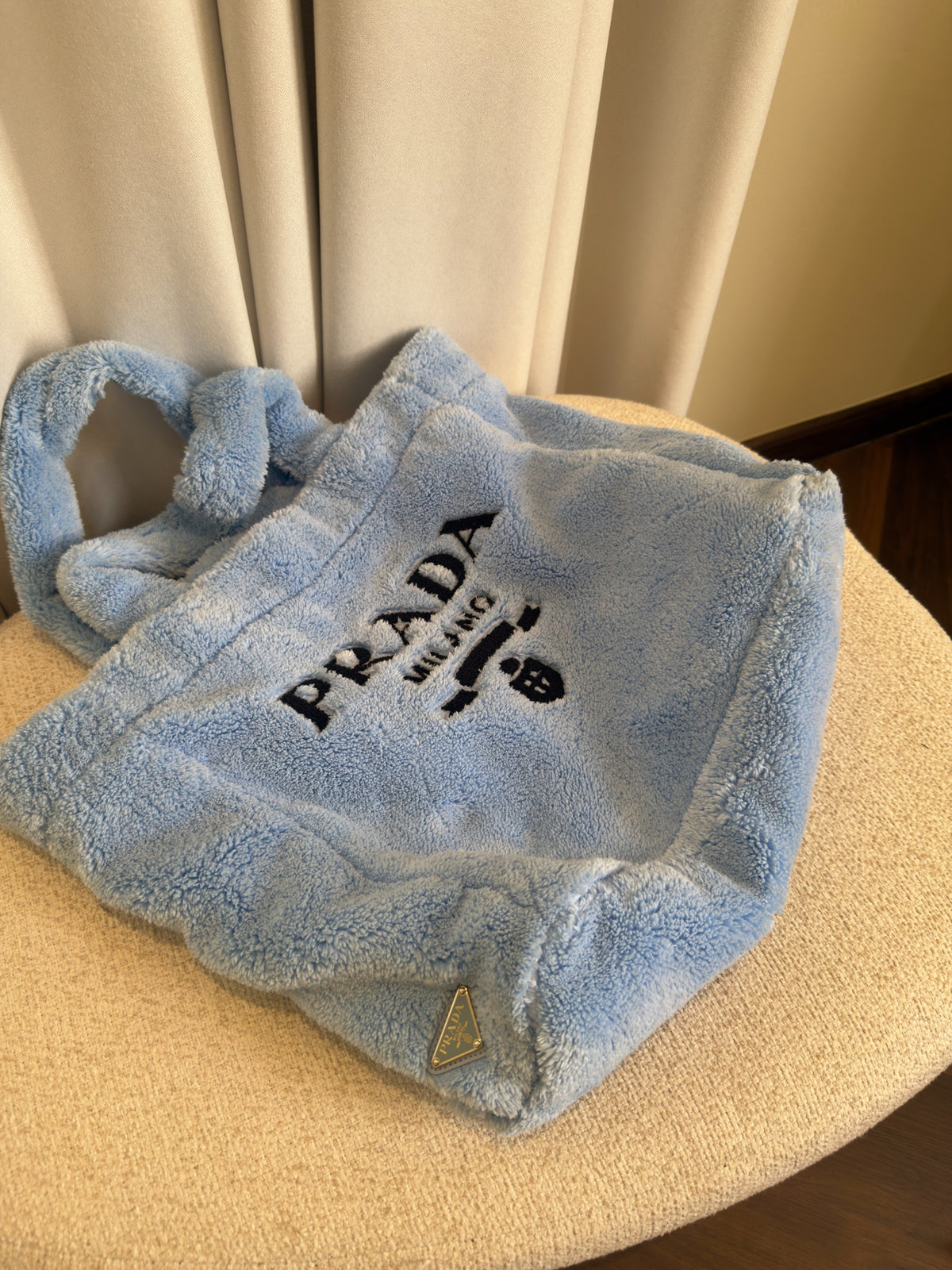 Prada terry cloth tote Celeste blue side view