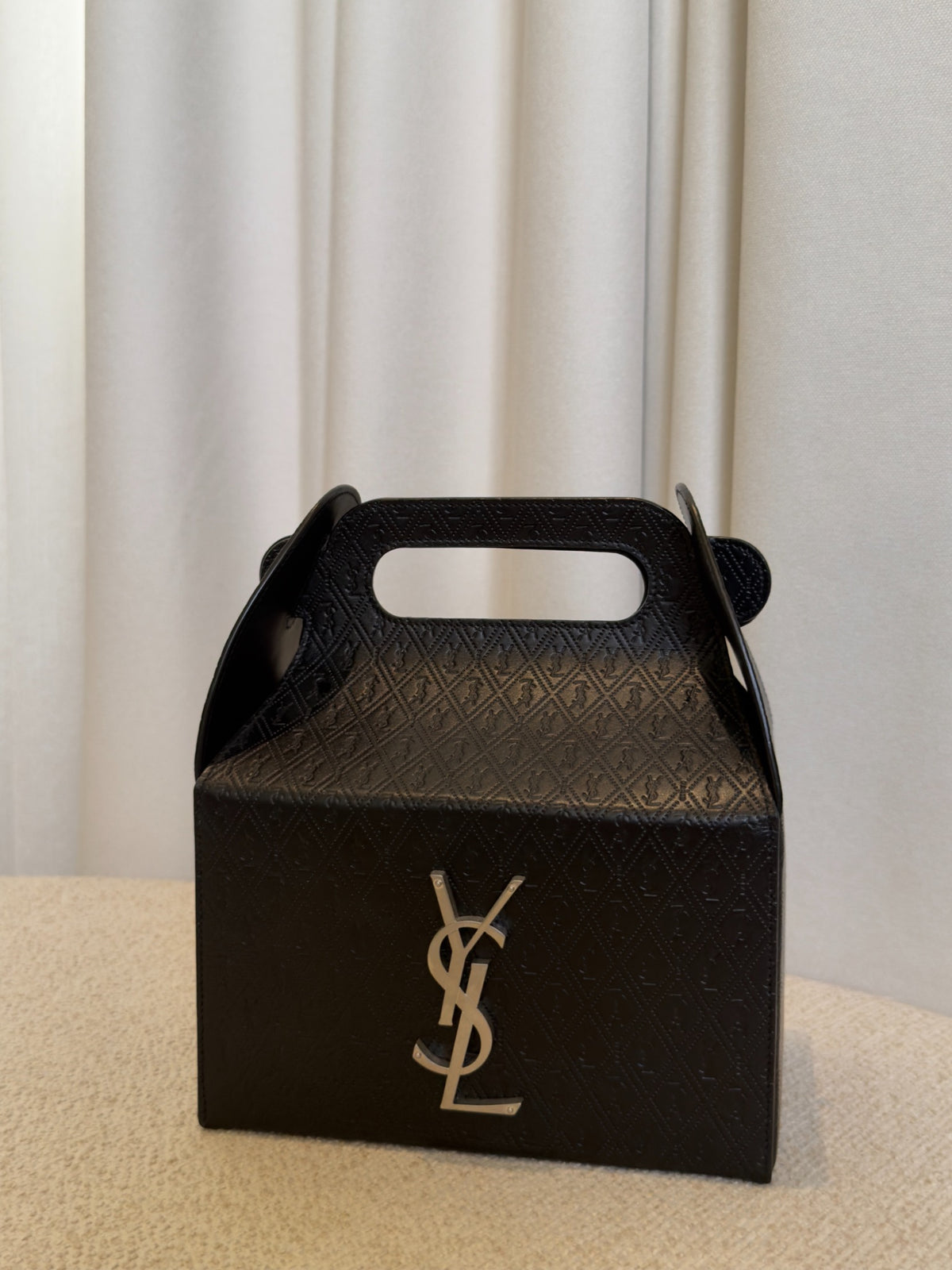Saint Laurent Take-Away black monogram leather box bag front angle