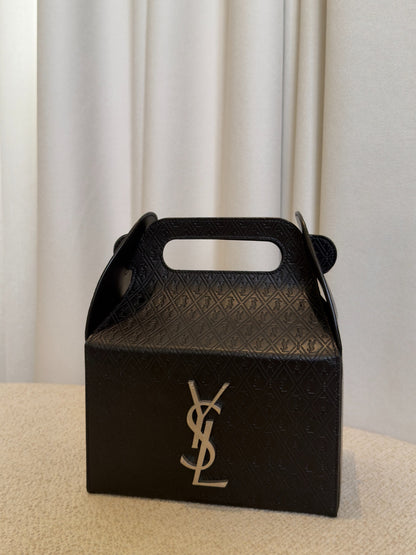 Saint Laurent Take-Away black monogram leather box bag front angle