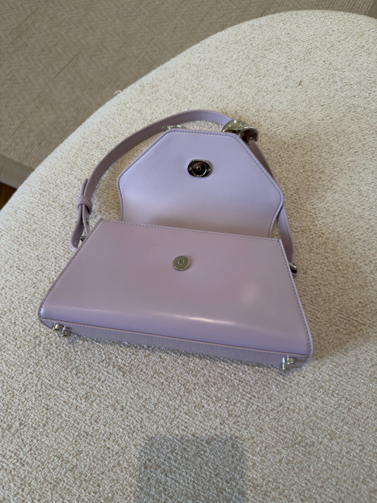 Self-Portrait lilac patent mini shoulder bag open interior view