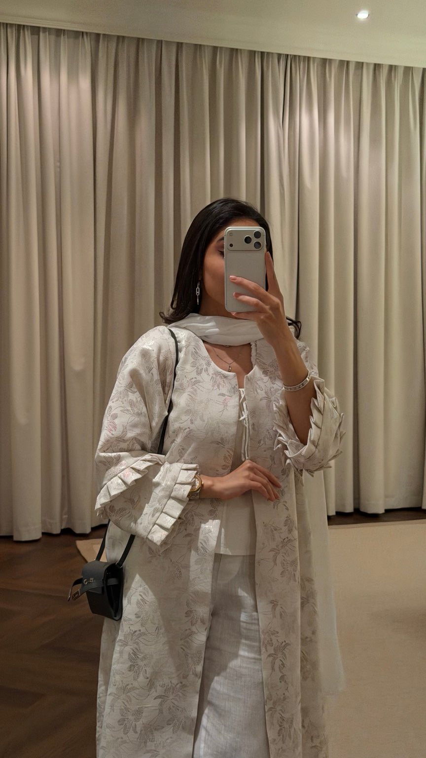 Silver Dream Abaya close-up showing floral linen and double frill sleeves