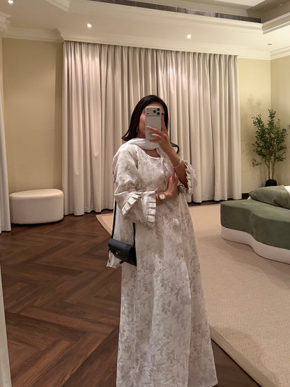 Silver Dream Abaya styled full-length view showing frill sleeves