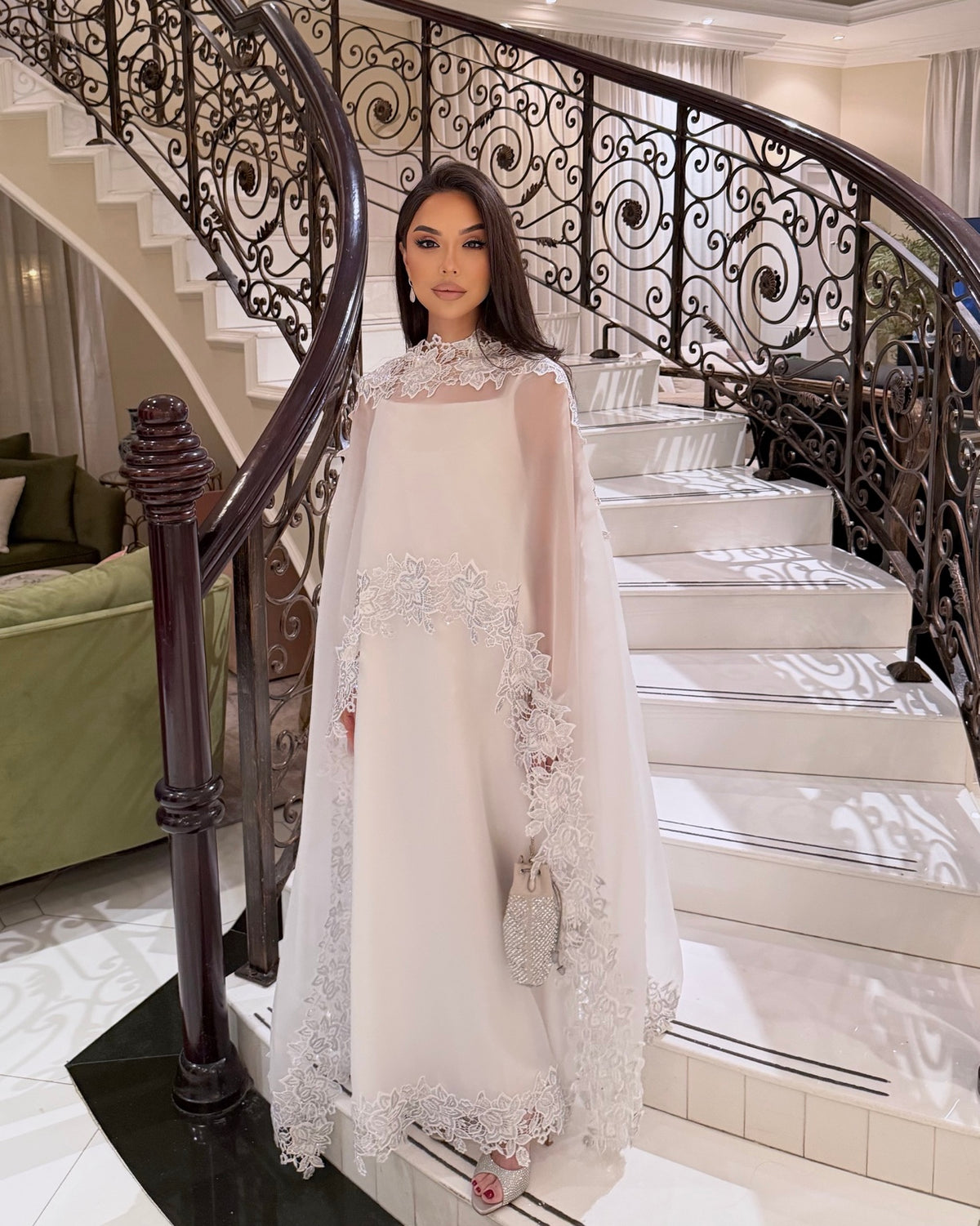 White Sparkle Cape Dress with floral lace trim